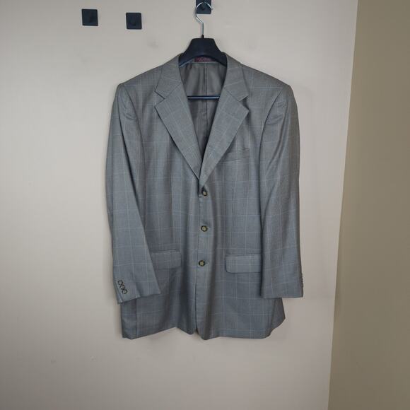 Vintage Dawahares Grey Plaid Three Button Wool/Silk Blazer Size 46L - Picture 1 of 12